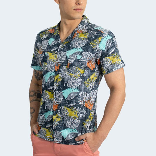 RELAXED FIT HAWAIIAN SHIRT - STEEL