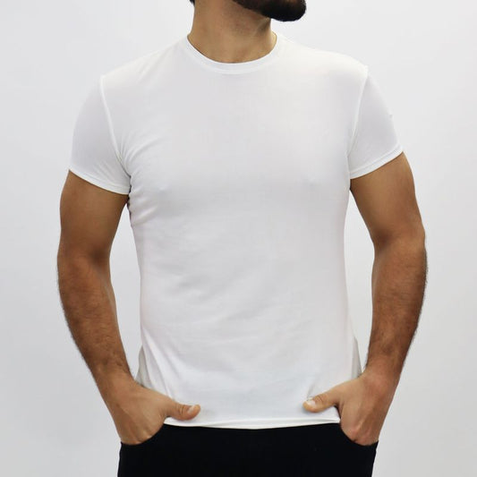 Polo cuello redondo manga corta Tejido especial microbrush Perfect Fit - MARFIL