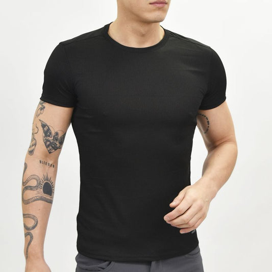 POLO ACANALADO MANGA CORTA CUELLO REDONDO - NEGRO