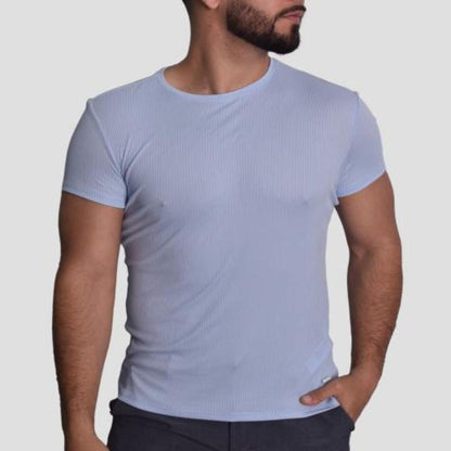 RIB KNIT SHORT SLEEVE ROUND NECK T-SHIRT - SKY