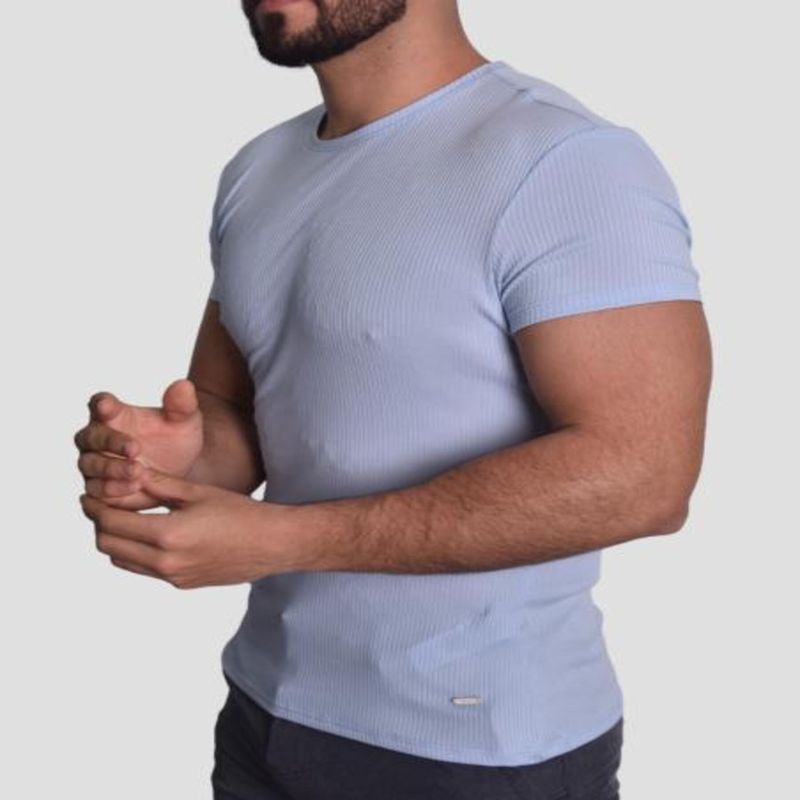 RIB KNIT SHORT SLEEVE ROUND NECK T-SHIRT - SKY