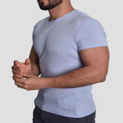 RIB KNIT SHORT SLEEVE ROUND NECK T-SHIRT - SKY