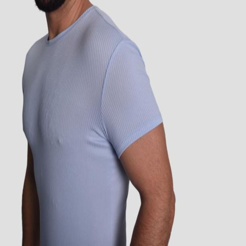 RIB KNIT SHORT SLEEVE ROUND NECK T-SHIRT - SKY