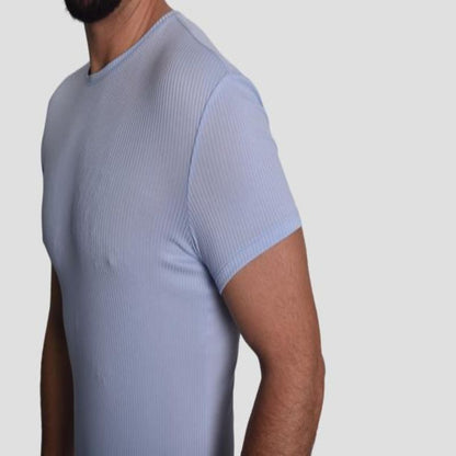 RIB KNIT SHORT SLEEVE ROUND NECK T-SHIRT - SKY