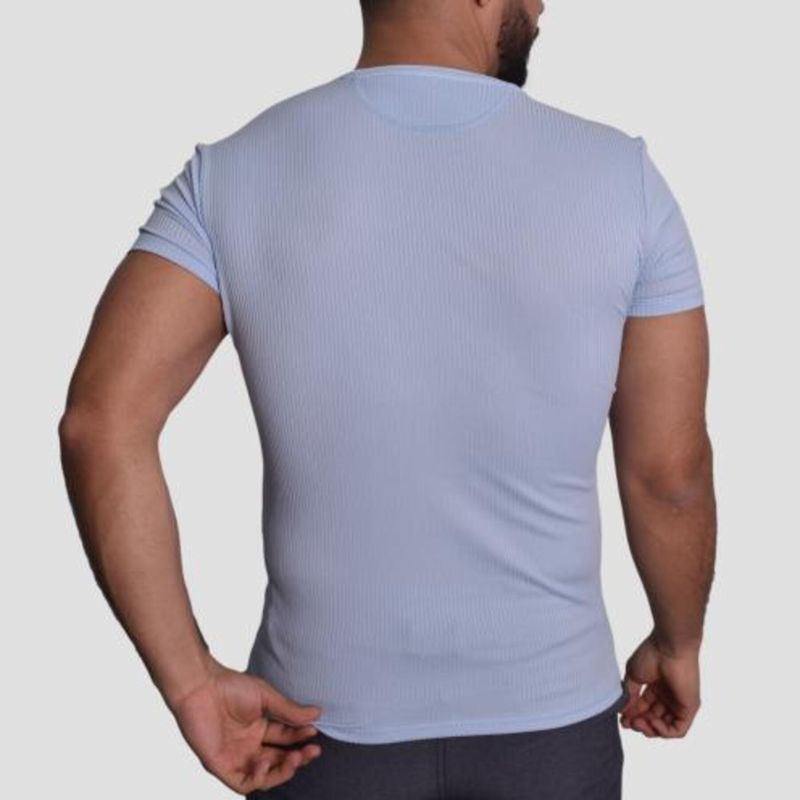 RIB KNIT SHORT SLEEVE ROUND NECK T-SHIRT - SKY