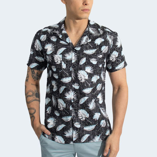 RELAXED FIT HAWAIIAN SHIRT - BLACK