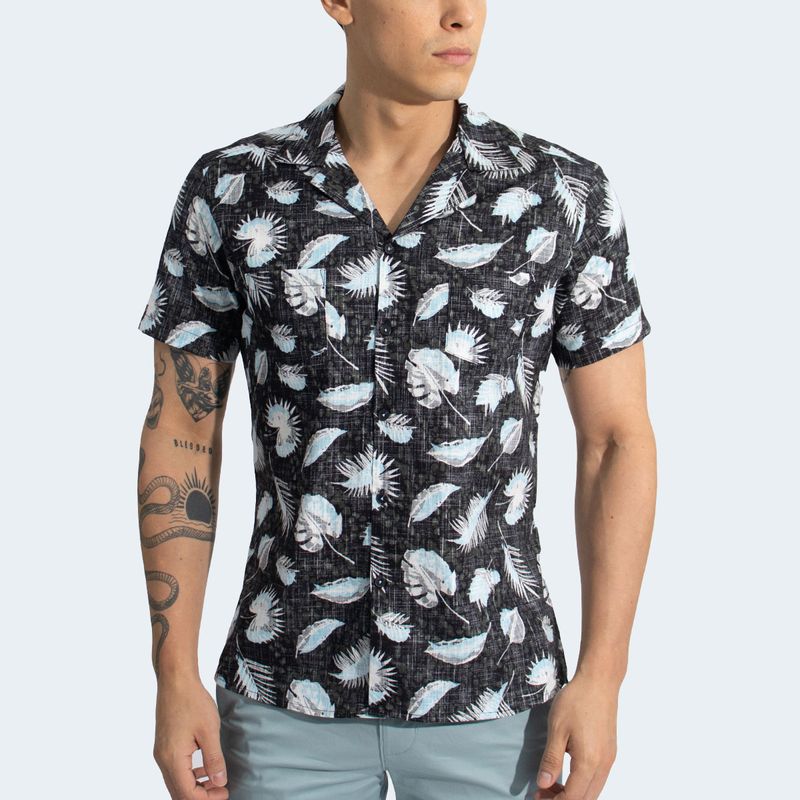 RELAXED FIT HAWAIIAN SHIRT - BLACK