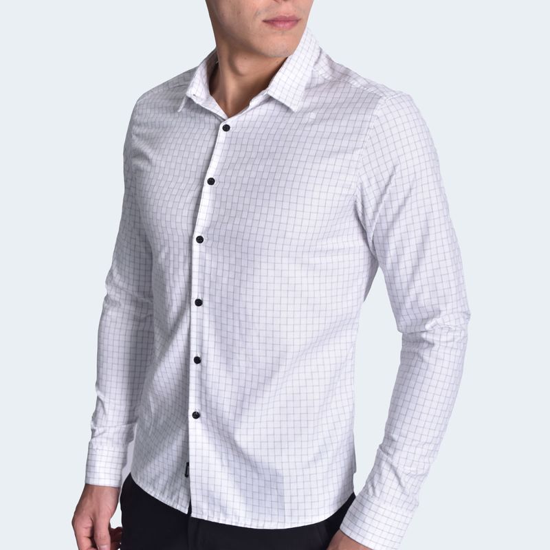 CAMISA A CUADROS MANGA LARGA - BLANCO