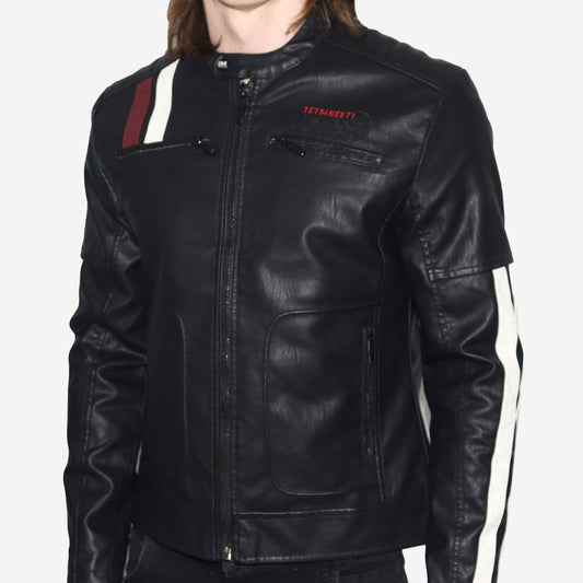 Faux leather biker jacket with tricolor details – ideal for cold weather and biker style
