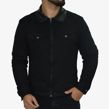 Suede-effect faux leather jacket – thermal plush interior, faux leather collar, and stainless steel hardware - BLACK