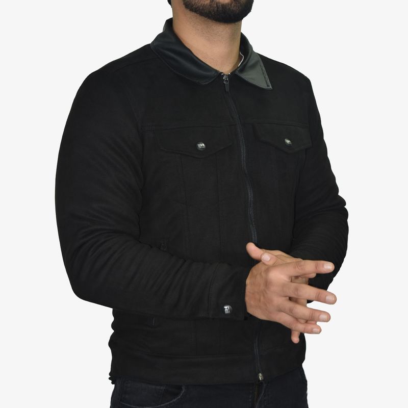 Suede-effect faux leather jacket – thermal plush interior, faux leather collar, and stainless steel hardware - BLACK
