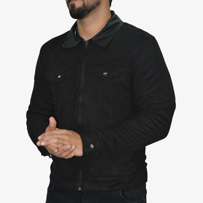 Suede-effect faux leather jacket – thermal plush interior, faux leather collar, and stainless steel hardware - BLACK