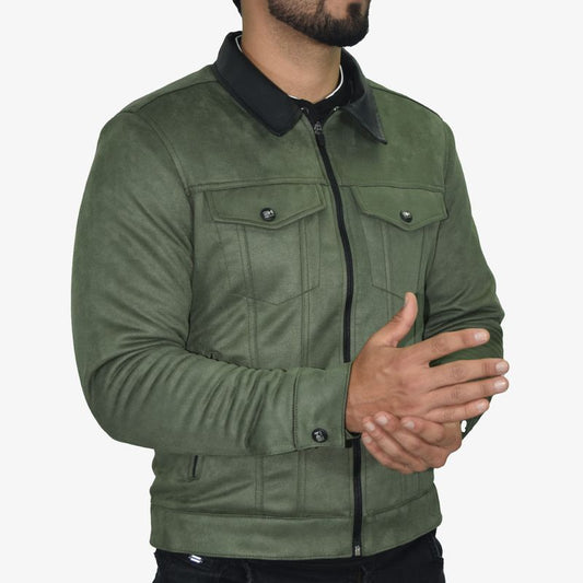 Sueded leather-effect jacket - thermal plush interior, eco-leather collar, and stainless steel hardware - OLIVE GREEN