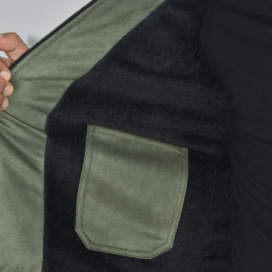 Sueded leather-effect jacket - thermal plush interior, eco-leather collar, and stainless steel hardware - OLIVE GREEN