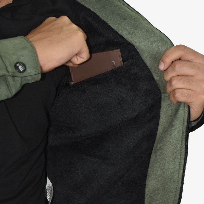 Casaca efecto piel gamuzada – interior térmico de peluche , cuello ecocuero y  herrajes inoxidables - VERDE OLIVO