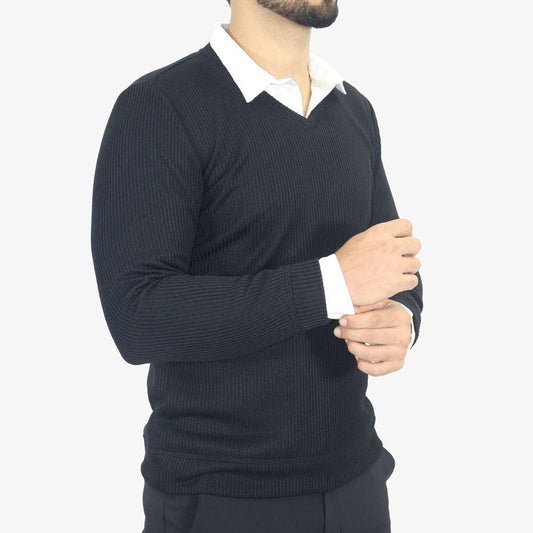 Suéter Cuello V Signature – Tejido Tecnológico Termorregulable y Ultra Confort - NEGRO