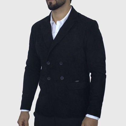 Signature corduroy double-breasted blazer Perfect Fit lining with bison leather feel - BLACK