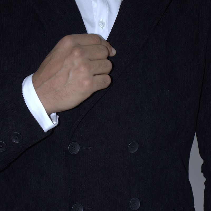 Signature corduroy double-breasted blazer Perfect Fit lining with bison leather feel - BLACK