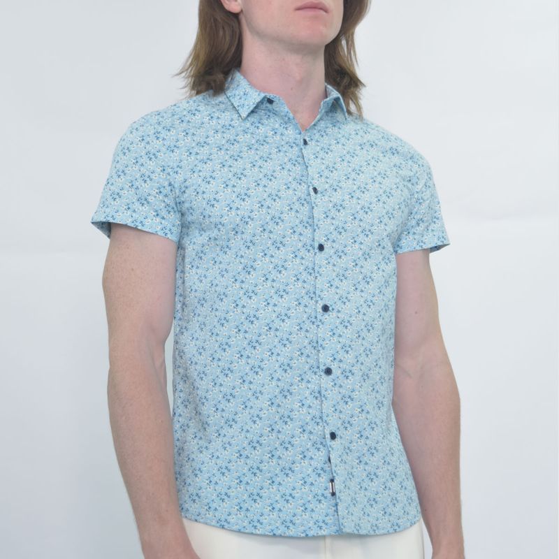 Short-sleeve shirt with floral print | Comfort fabric | Perfect Fit - LIGHT BLUE