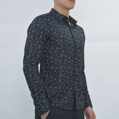 Long-sleeved shirt with mini floral print - BLACK