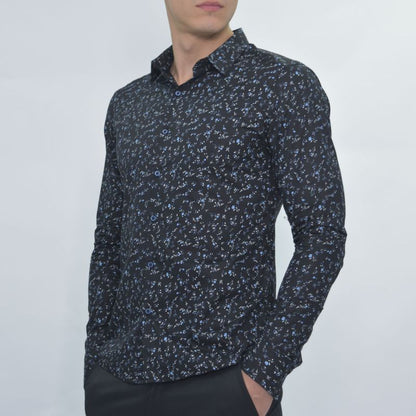 Long-sleeved shirt with mini floral print - BLACK