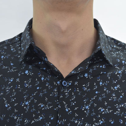Long-sleeved shirt with mini floral print - BLACK