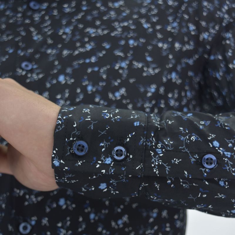 Long-sleeved shirt with mini floral print - BLACK