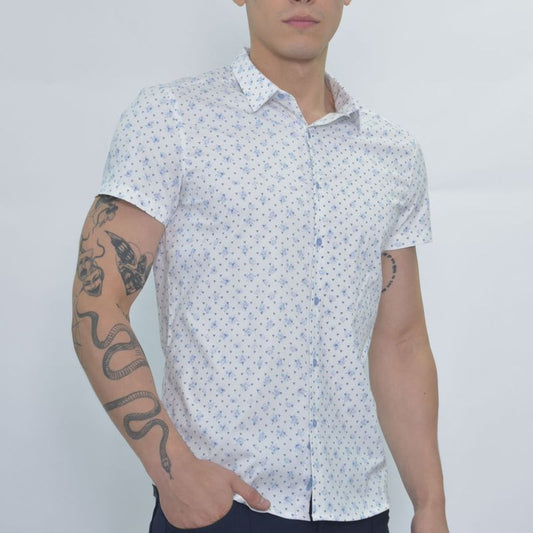 Camisa manga corta print | Estampado mini hojas | Entalle Perfect Fit - BLAZUL