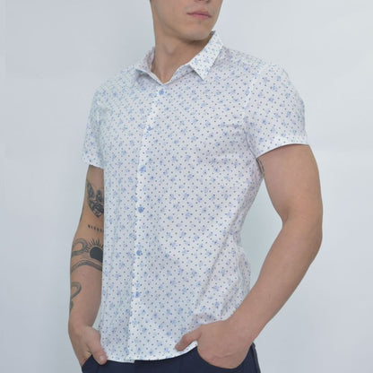 Camisa manga corta print | Estampado mini hojas | Entalle Perfect Fit - BLAZUL