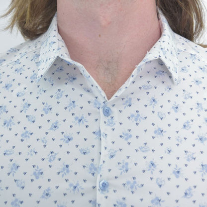 Camisa manga corta print | Estampado mini hojas | Entalle Perfect Fit - BLAZUL