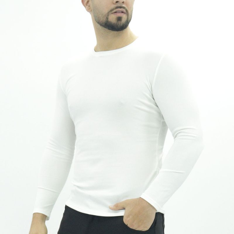 Polo manga larga cuello redondo acanalado Perfect Fit - MARFIL