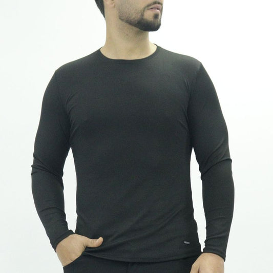 Polo manga larga cuello redondo acanalado Perfect Fit - NEGRO