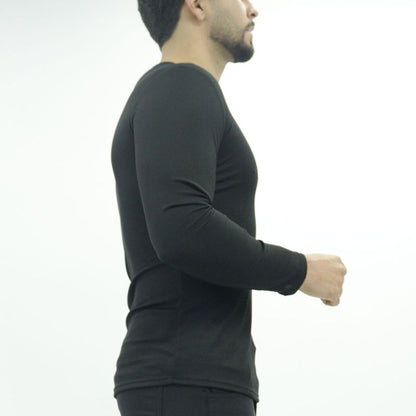 Polo manga larga cuello redondo acanalado Perfect Fit - NEGRO