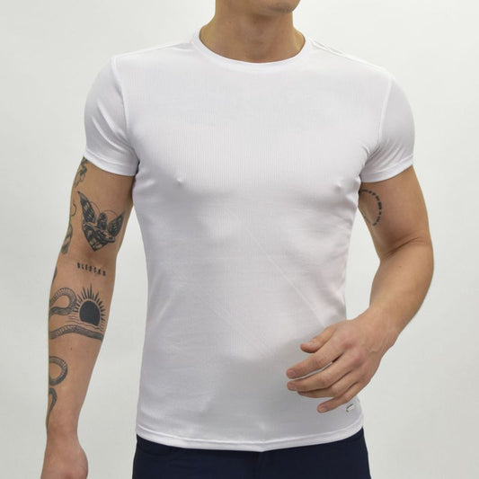 POLO ACANALADO MANGA CORTA CUELLO REDONDO - BLANCO