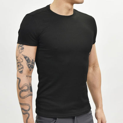 POLO ACANALADO MANGA CORTA CUELLO REDONDO - NEGRO