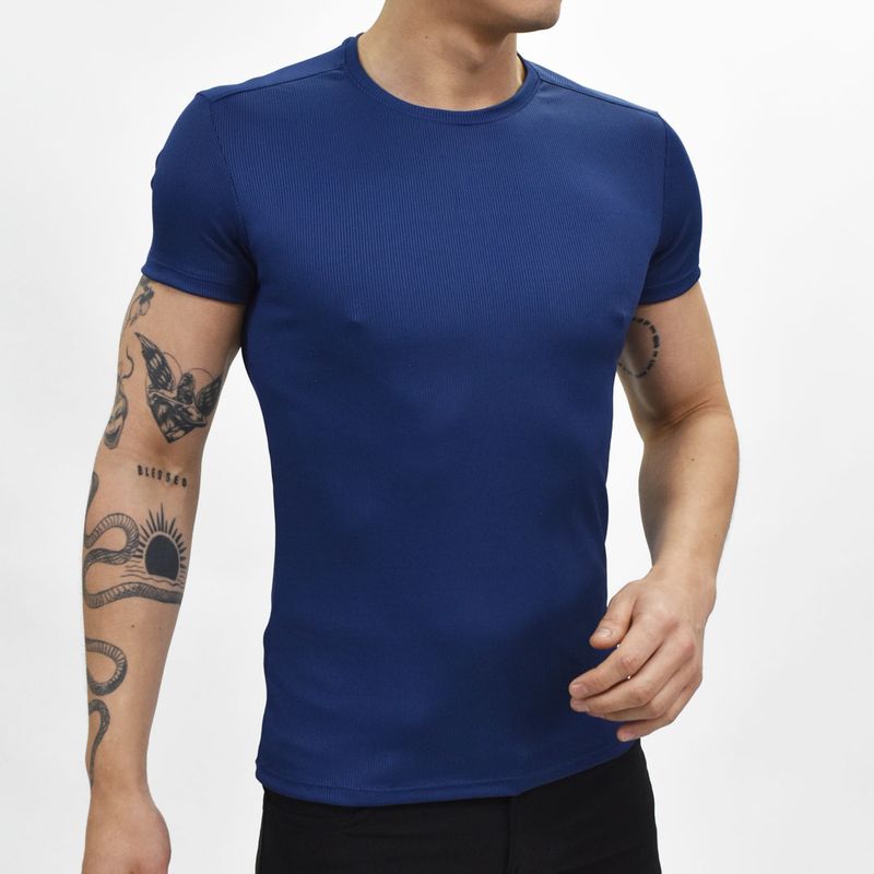POLO ACANALADO MANGA CORTA CUELLO REDONDO - AZUL MARINO