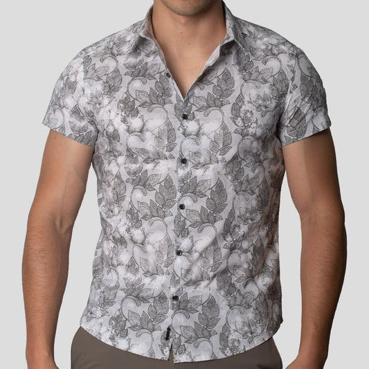 Camisa Manga Corta | Perfect Fit | Tejido Floral & Geometrico Bicolor