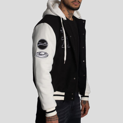 Casaca Varsity con capucha convertible -mezcla de paño con mangas de algodón en contraste